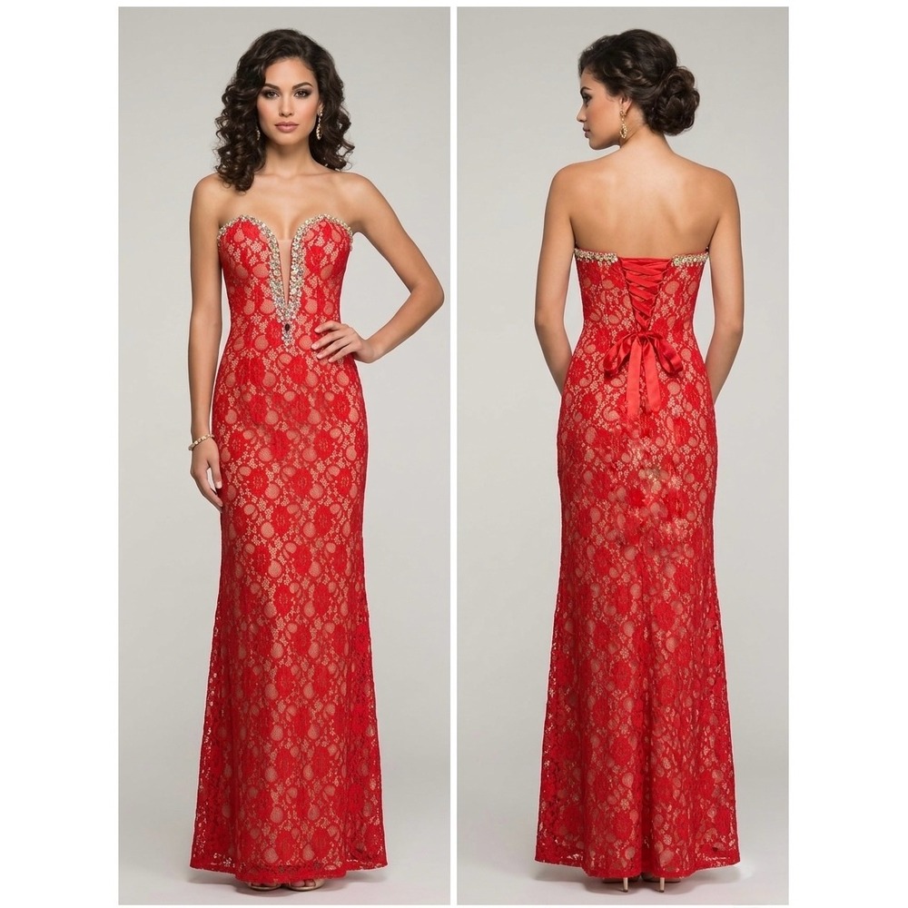 Dancing Queen Red Lace Embellished Sweetheart Corset Back Prom Gown Dress Small